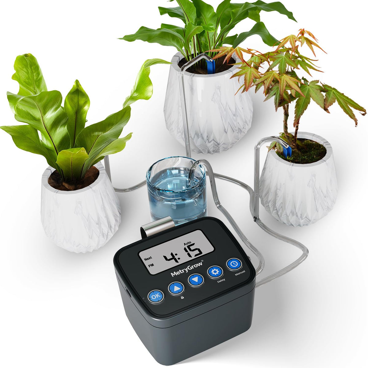MetryGrow controller front view showing timer and compact design benefit