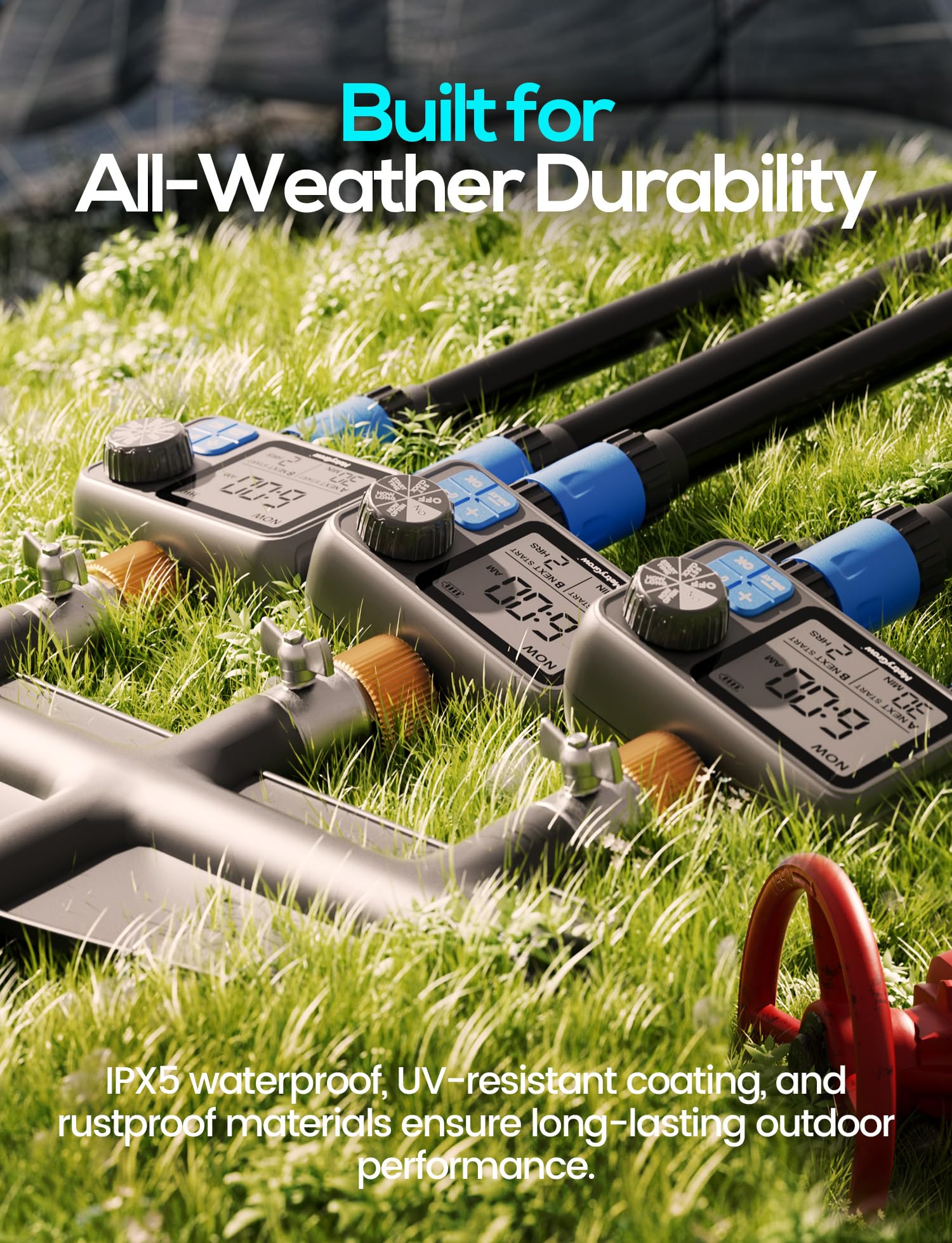 MetryGrow dual hose connections illustrating independent two-zone watering