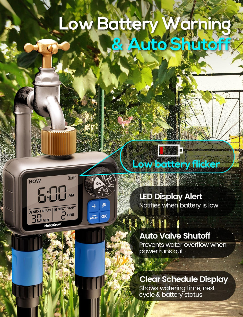 MetryGrow timer in use watering garden to save time and conserve water