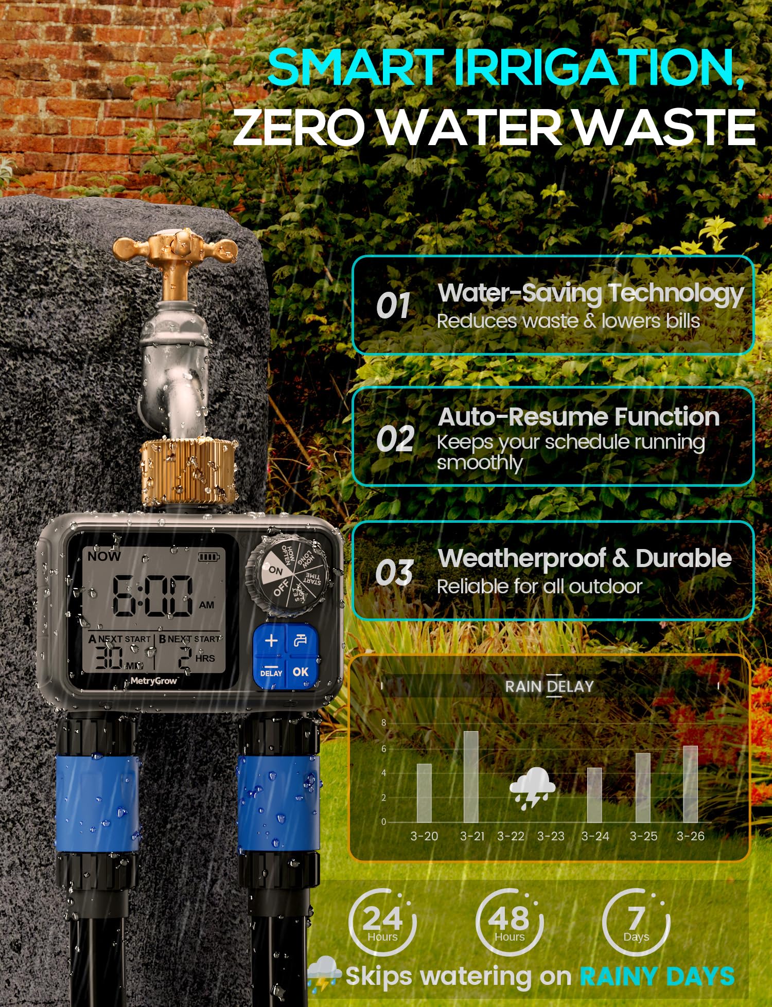 MetryGrow installed on outdoor faucet demonstrating quick-connect convenience