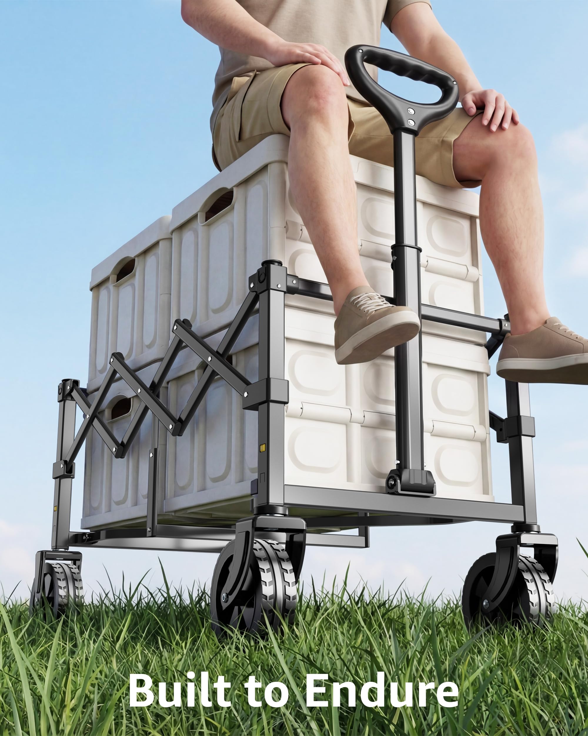 MEUIS wagon on grass at a campsite transporting coolers and chairs