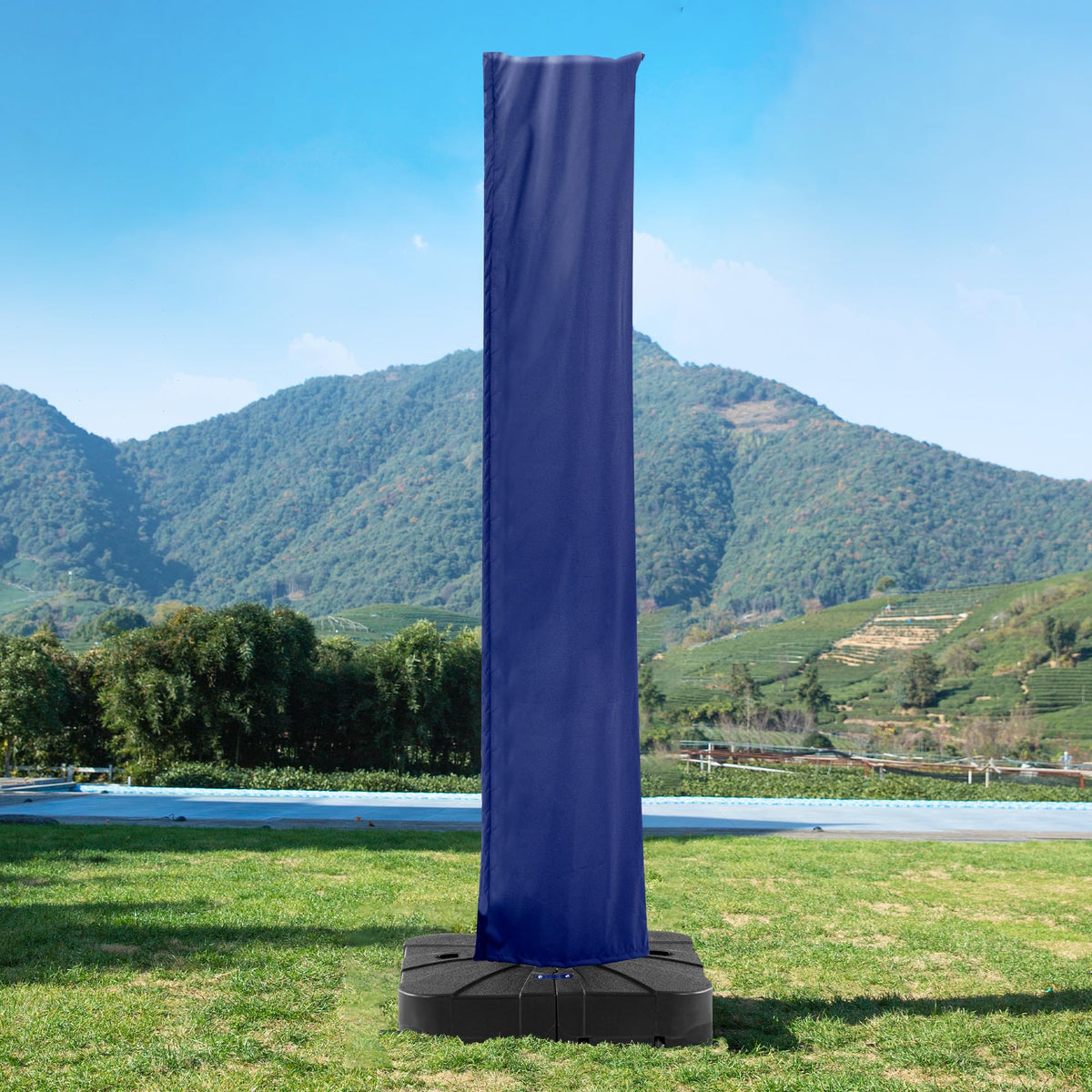 MEVBC front view navy cover on cantilever umbrella protecting outdoors