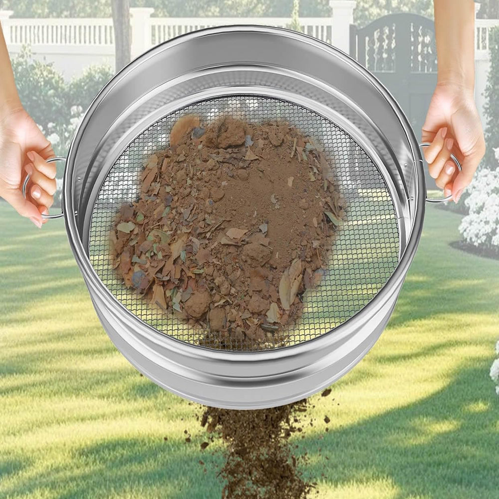 MEWPON front view of 19-inch soil sifter showing durable rim and handle benefit durable screening
