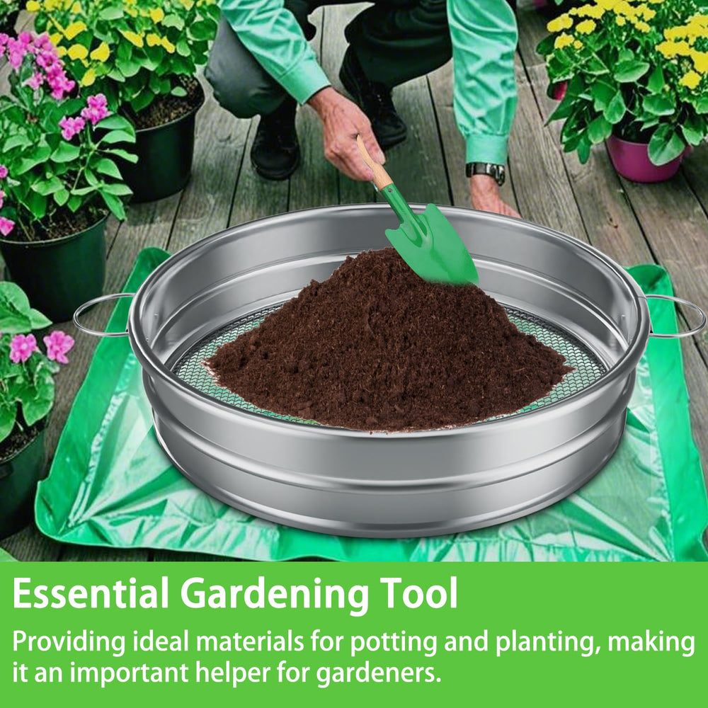 MEWPON sifter in use over wheelbarrow catching fine soil benefit faster garden prep