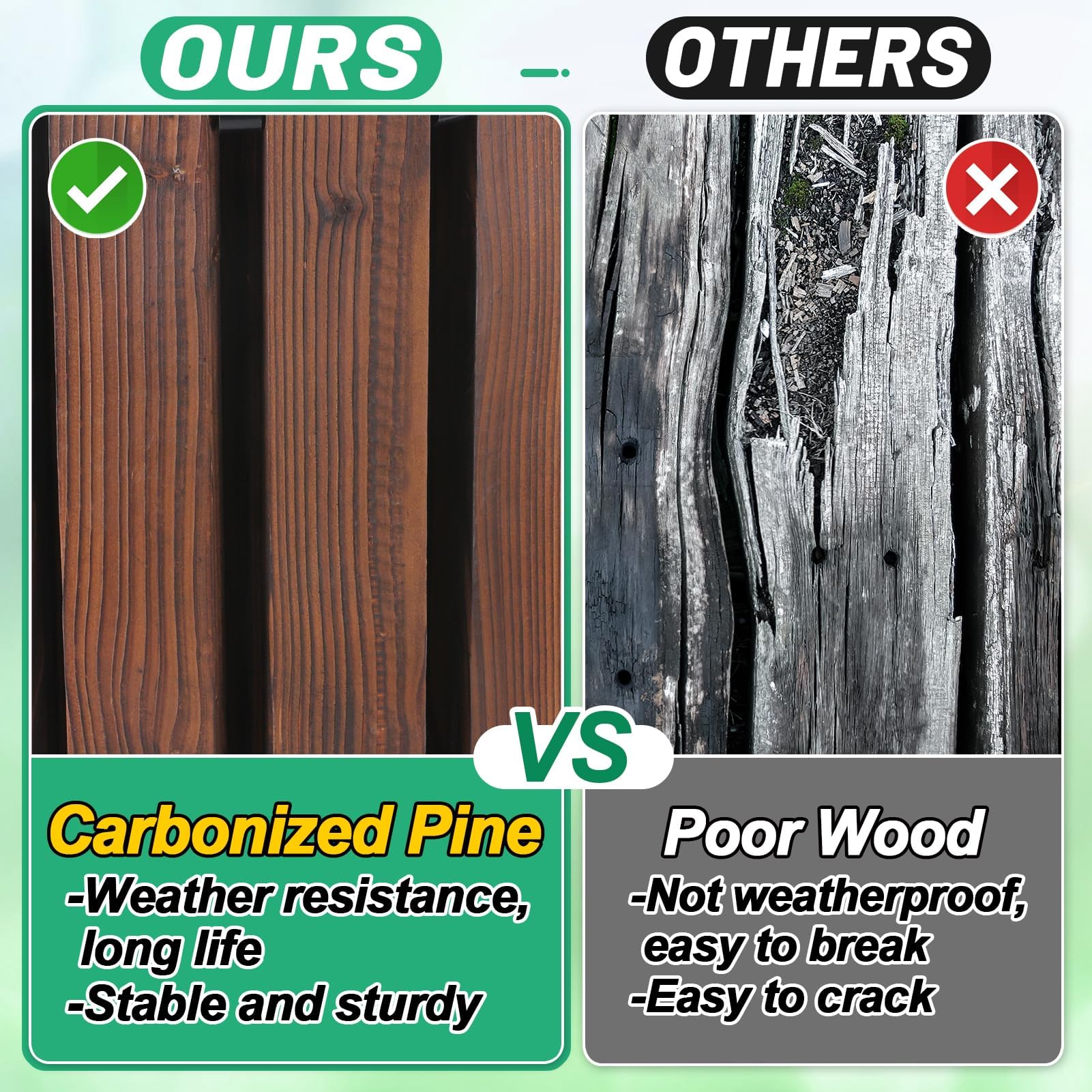MEWTOGO close-up of carbonized pine grain highlighting weather-resistant texture