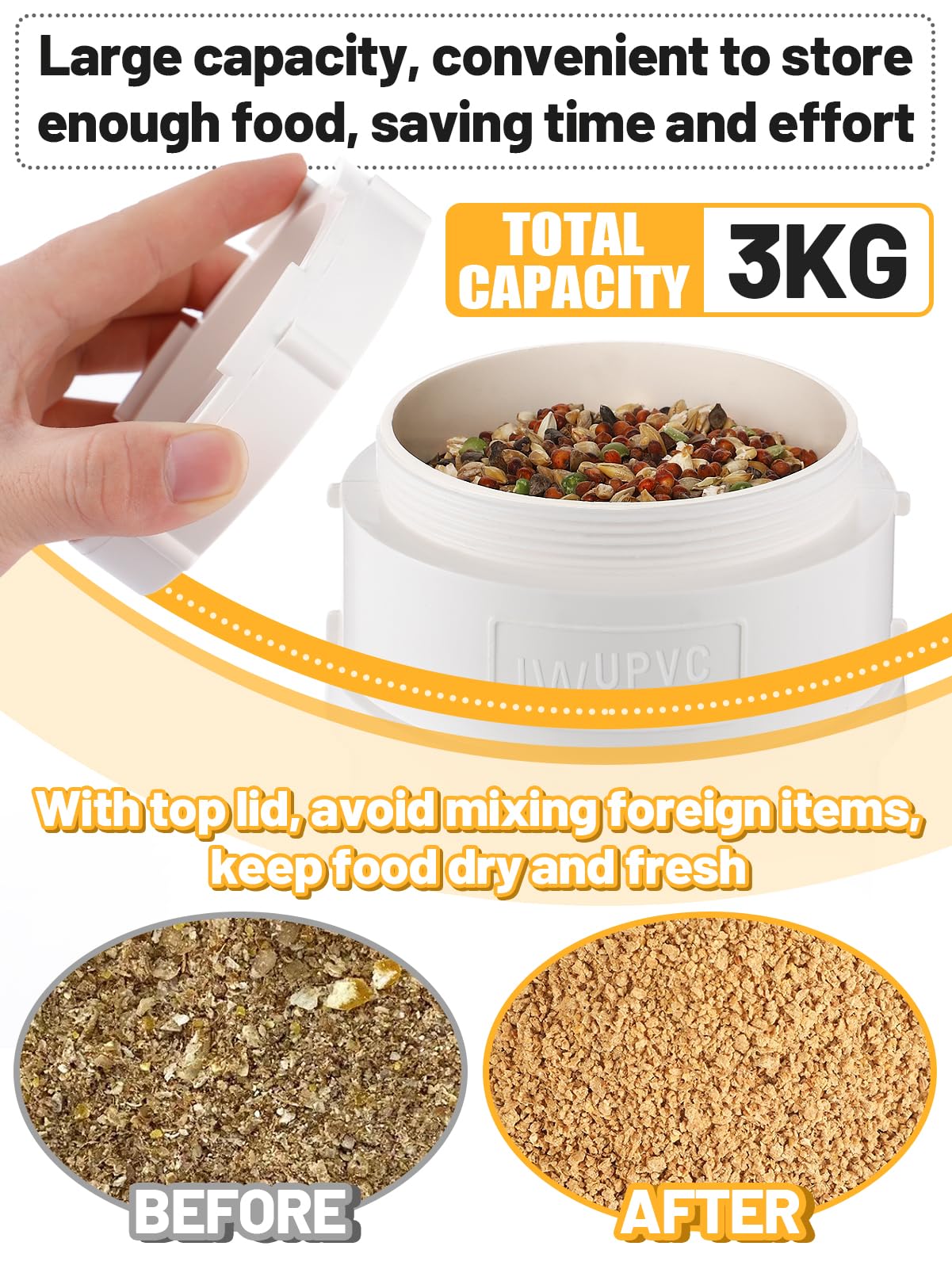 MEWTOGO feeder with chickens eating at the feeding port reducing spillage