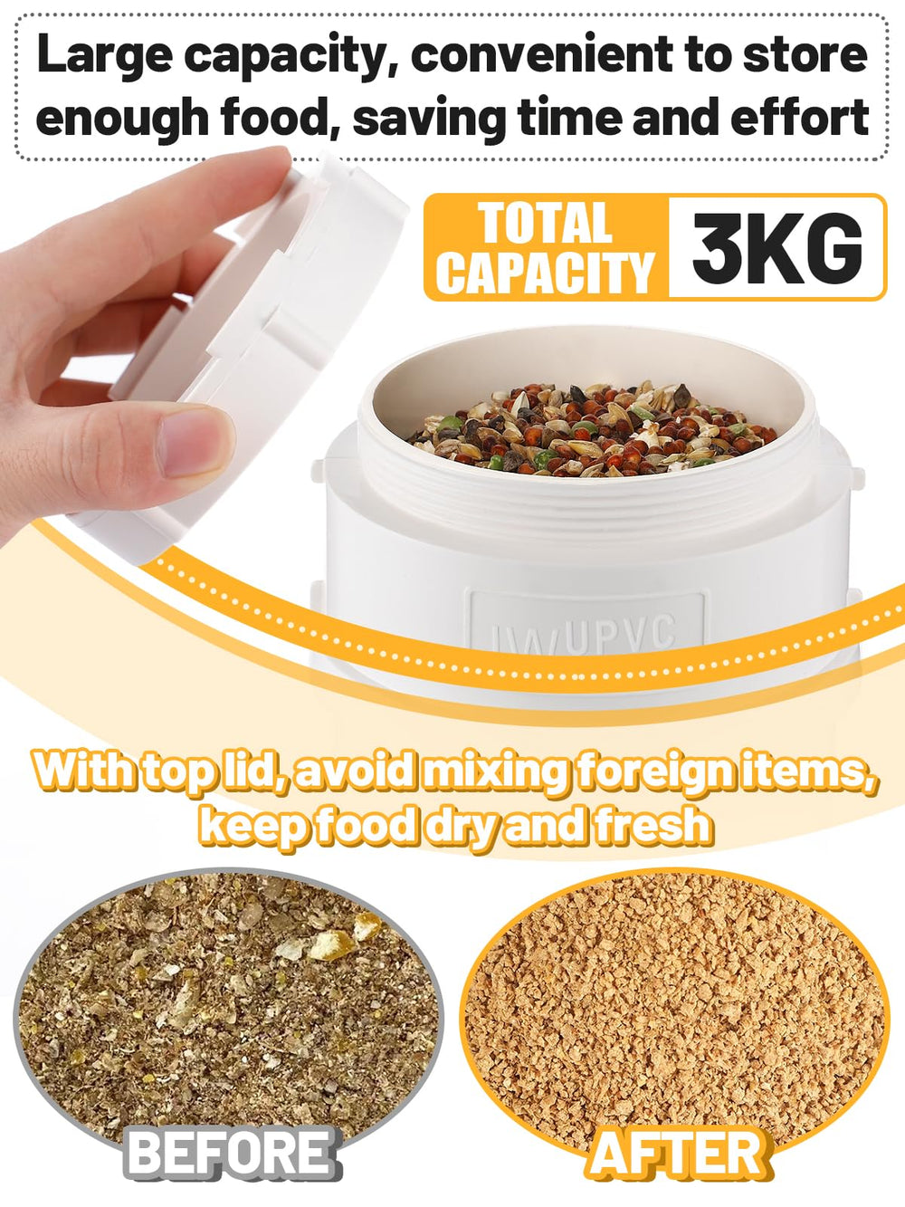 MEWTOGO feeder with chickens eating at the feeding port reducing spillage
