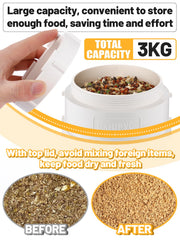 MEWTOGO feeder with chickens eating at the feeding port reducing spillage