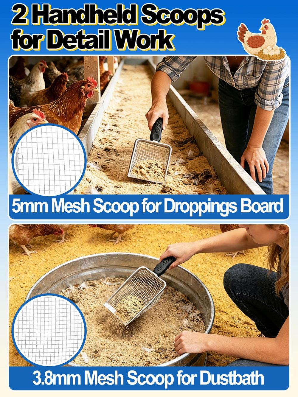 MEWTOGO scooper in use on droppings board reducing bending