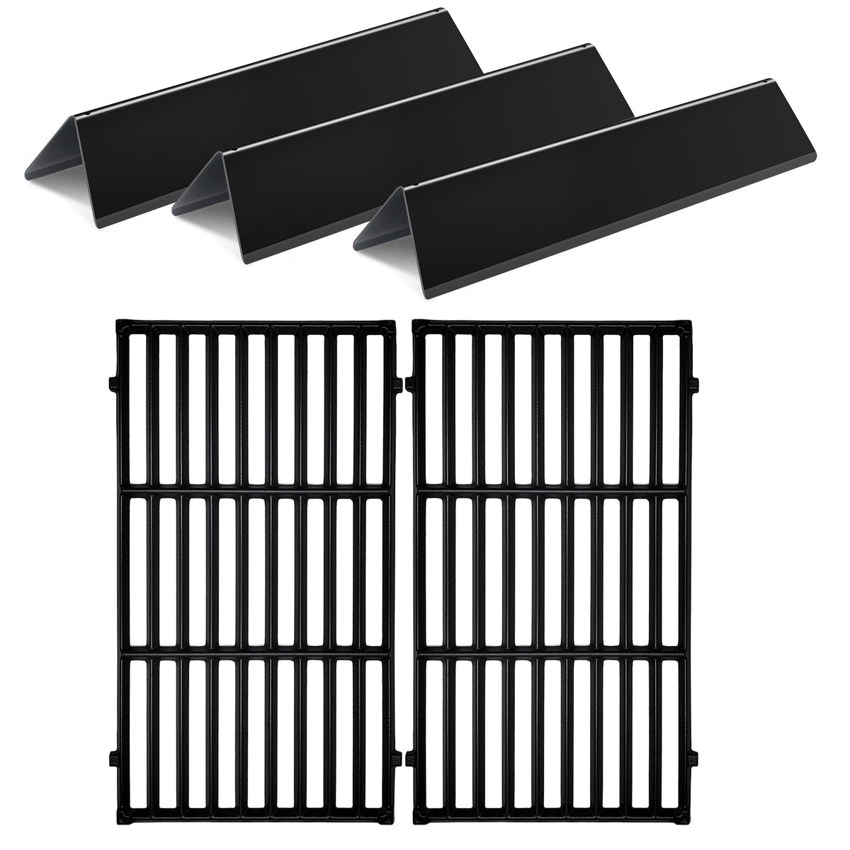 Meyafiny front view showing cast iron grates and flavorizer bars, improves searing