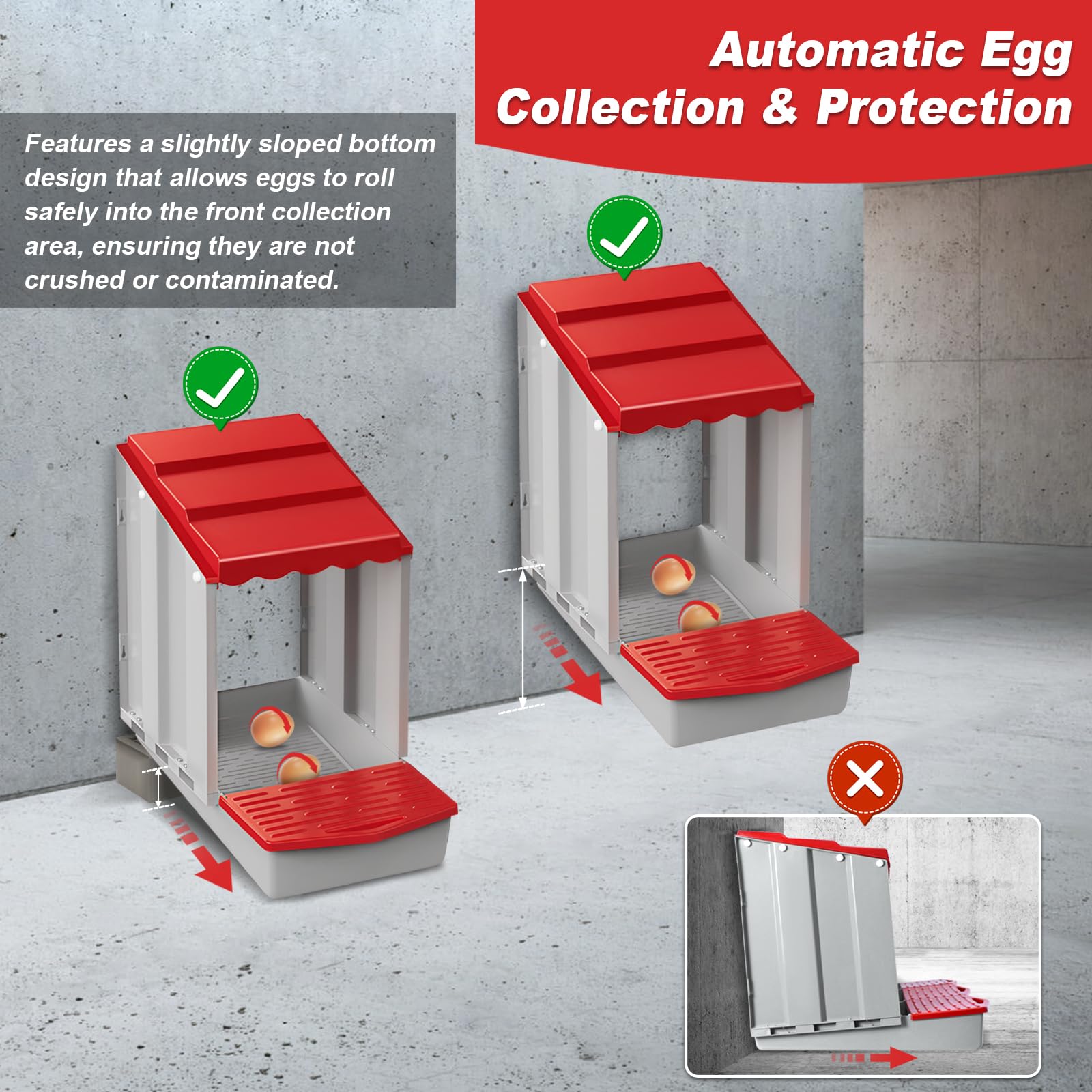 Meyoppm front collection tray holding eggs for safer, cleaner retrieval