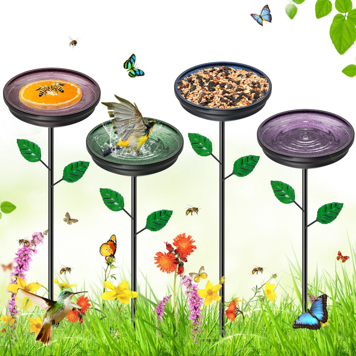 MeyRolizn front view of four colorful bird baths showing garden benefit