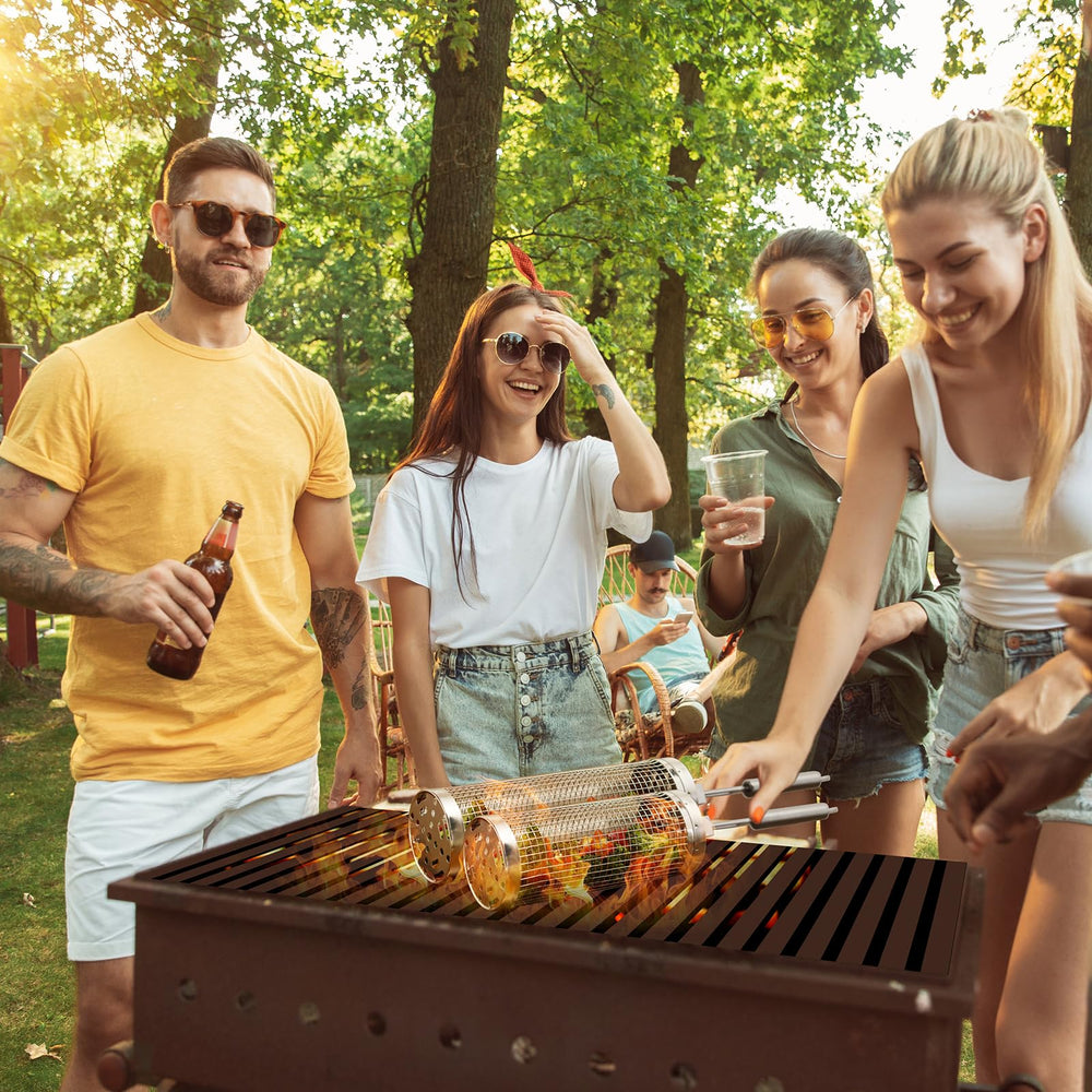 Meytunsin grilling vegetables and shrimp in basket demonstrating even cooking and convenience