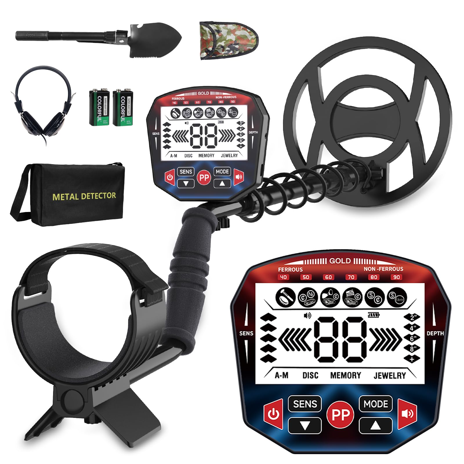 MFTEK metal detector front view showing full unit and benefit of portability