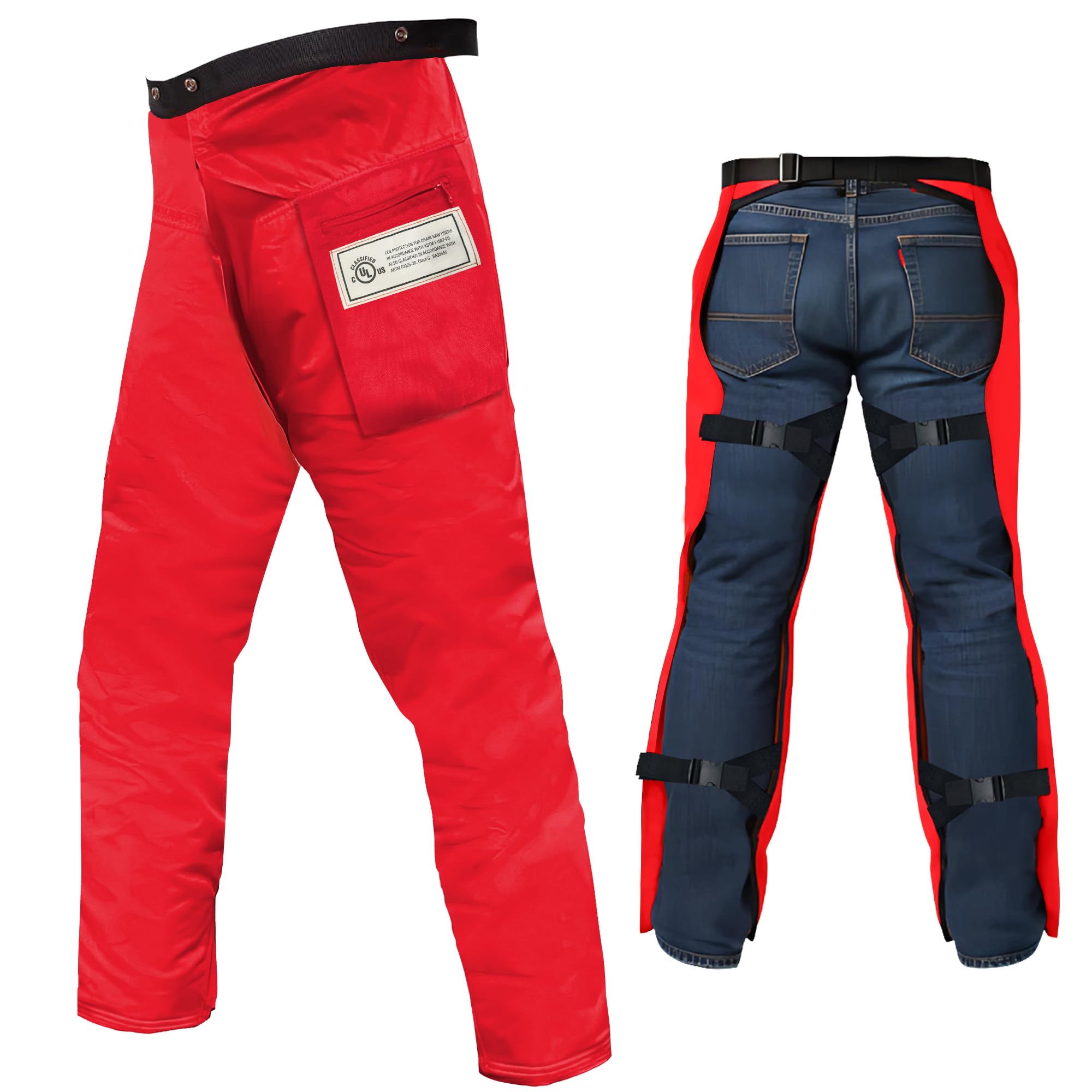 MGP SUPPLY front view of orange apron-style chaps showing full leg coverage and visibility benefits