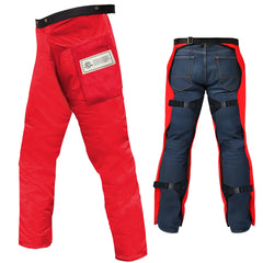 MGP SUPPLY front view of orange apron-style chaps showing full leg coverage and visibility benefits