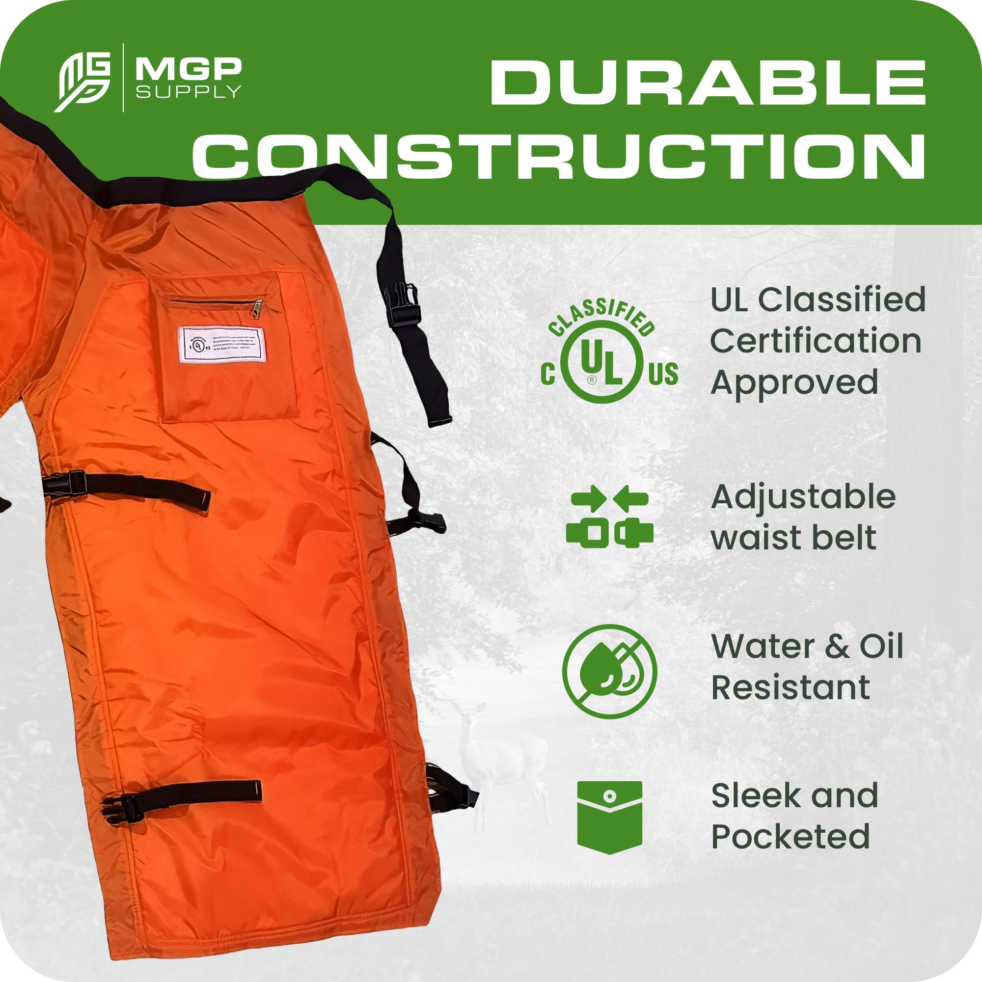 MGP SUPPLY adjustable leg strap close-up showing secure hold during active work