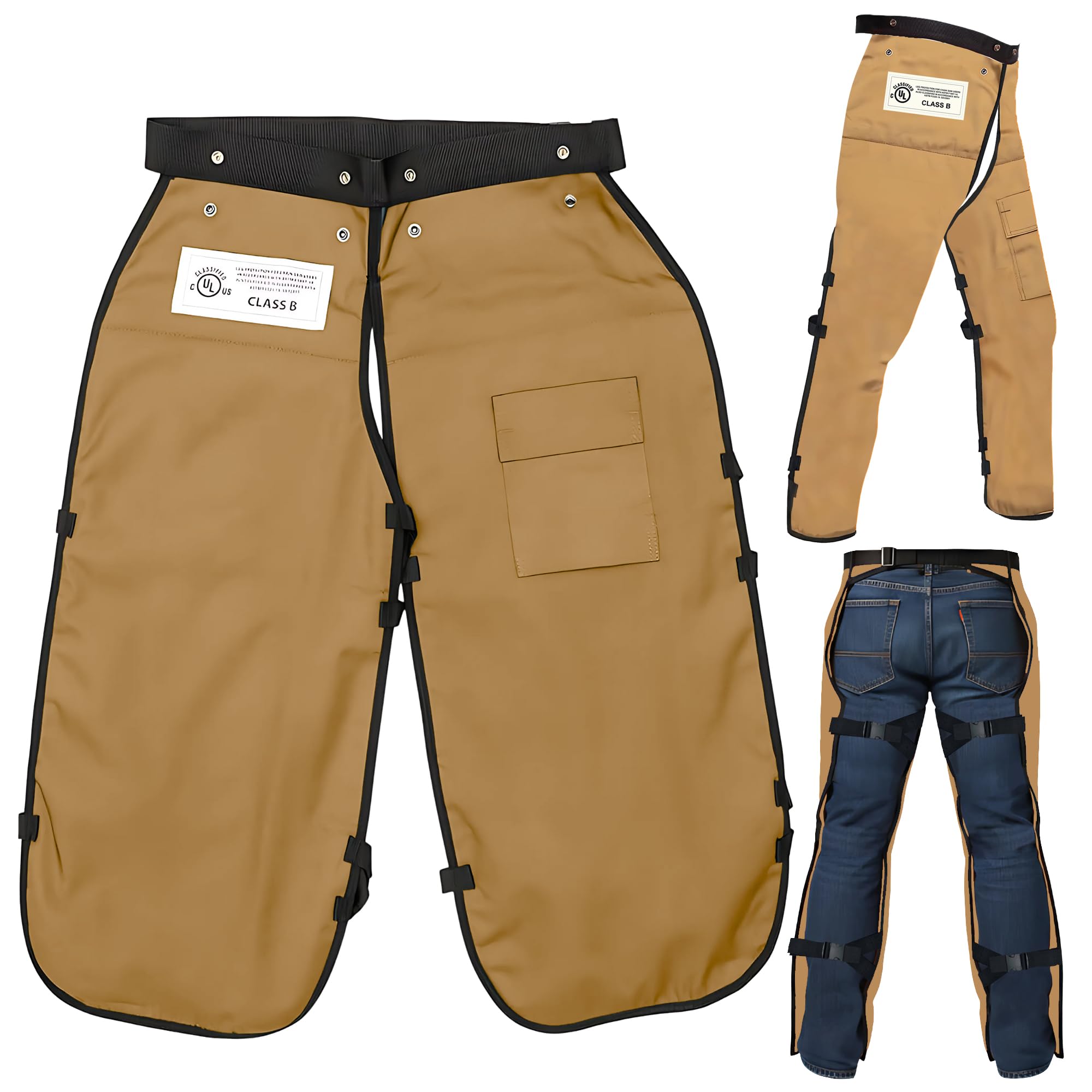 MGP SUPPLY front view of brown apron chaps showing full front protection and mobility benefit