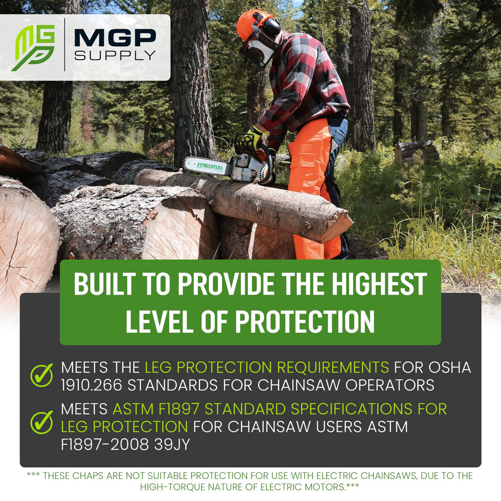 MGP SUPPLY model wearing chaps to show length and scale for informed sizing choice