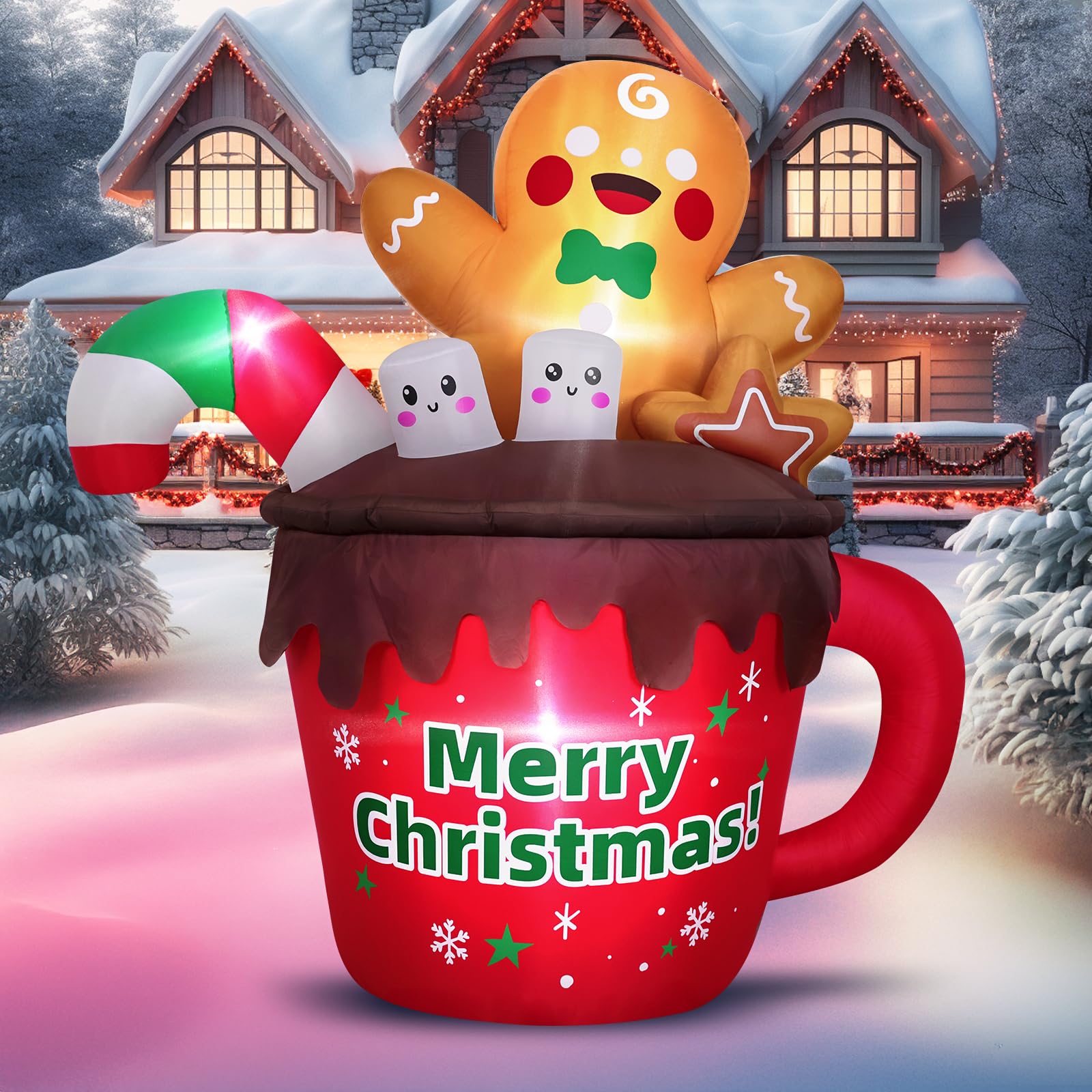MGparty gingerbread hot cocoa mug front view showing festive yard appeal