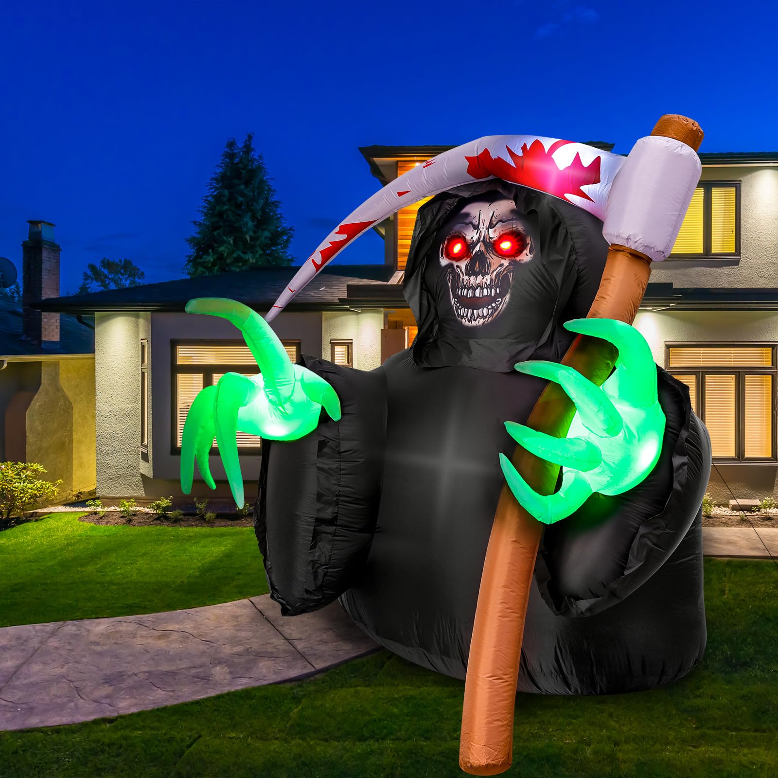 MGparty Grim Reaper illuminated at night with colorful LED glow
