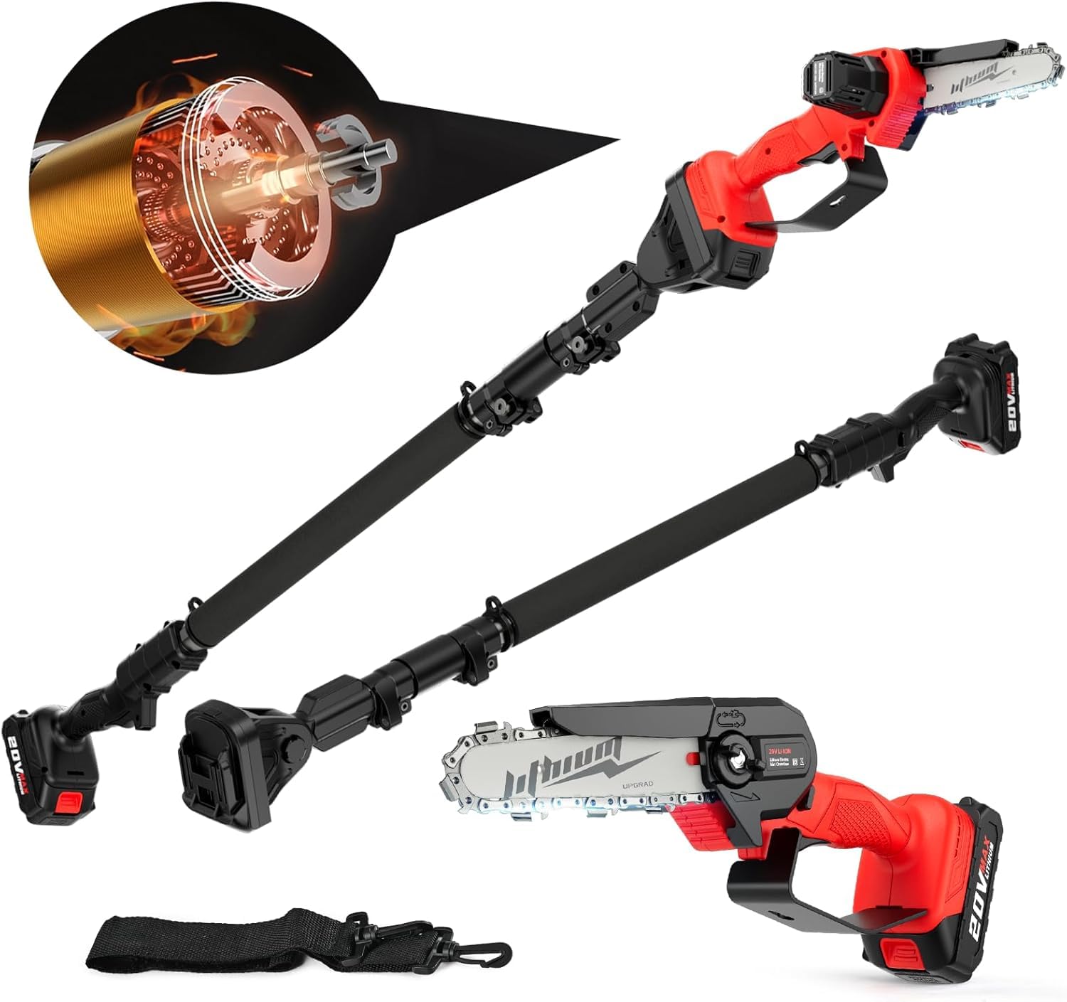 MGYM front packaging showing pole saw kit and battery, clear product overview benefit