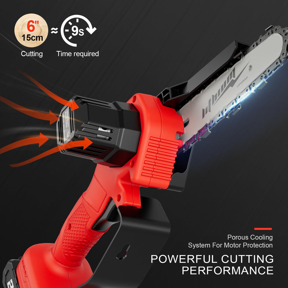 MGYM pole saw next to person for scale, shows compact reach advantage