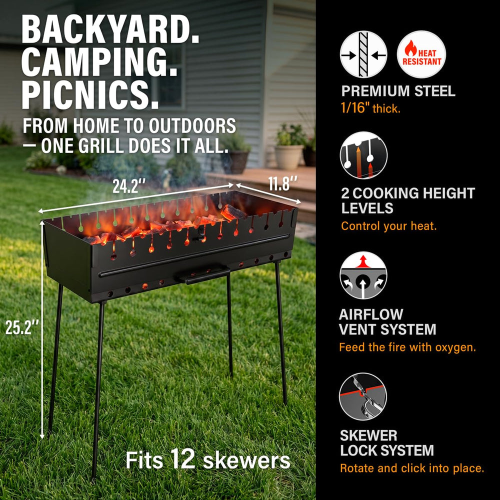 MHH folded mangal grill inside compact carry case illustrating tool-free storage convenience