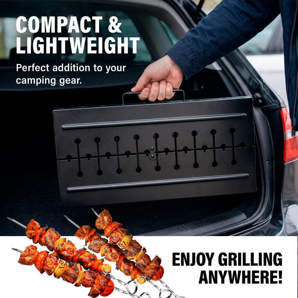 MHH mangal next to a backpack showing compact size for camping portability benefit