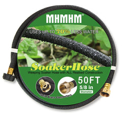 MHMHM soaker hose front packaging showing 50ft length and features for efficient watering
