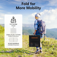 MHPOWOS unfolded solar panel angled to sun demonstrating fast charging capability