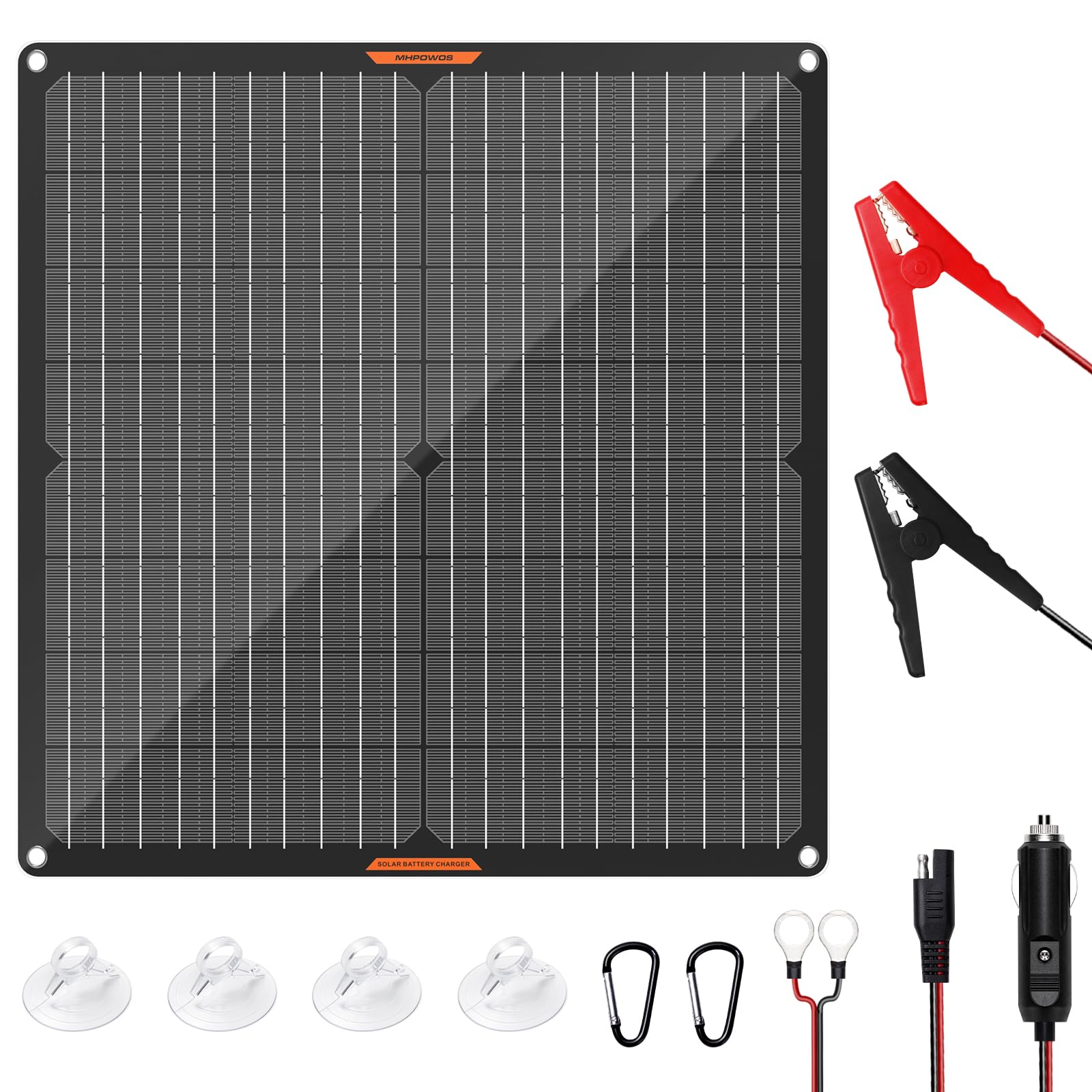 MHPOWOS front view of 30W panel showing compact layout and benefit of portability