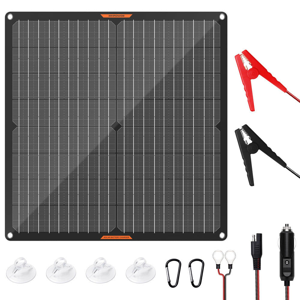 MHPOWOS front view of 30W panel showing compact layout and benefit of portability