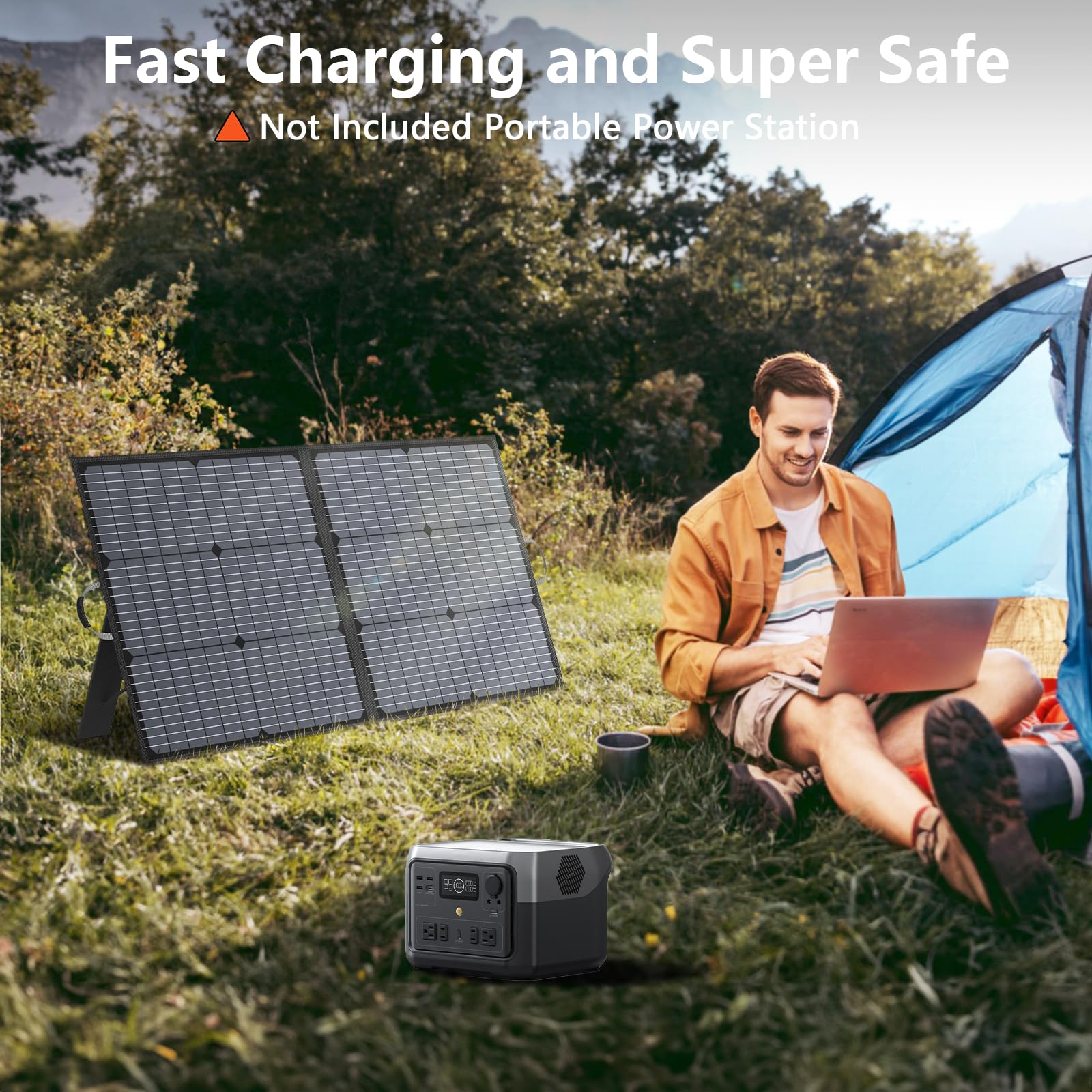 MHPOWOS panel on RV campsite charging a power station showing outdoor convenience