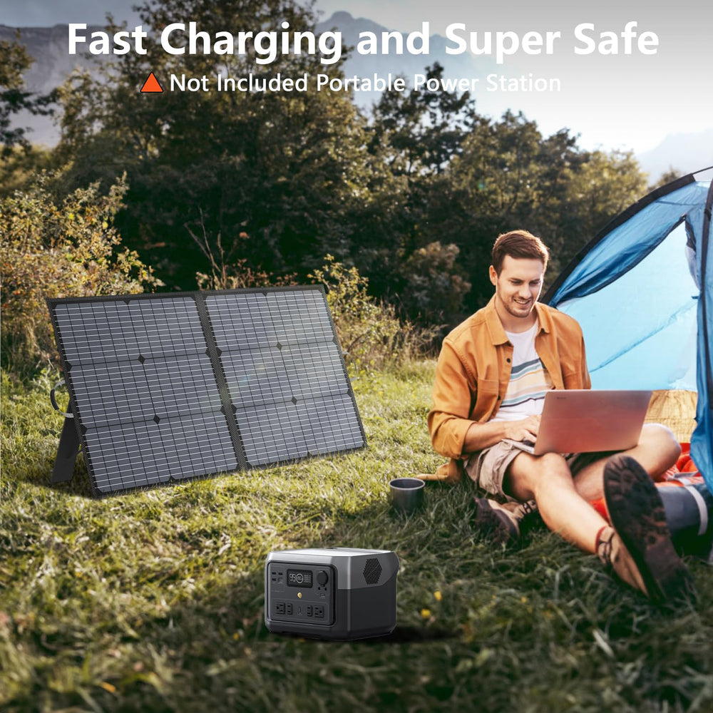 MHPOWOS panel on RV campsite charging a power station showing outdoor convenience