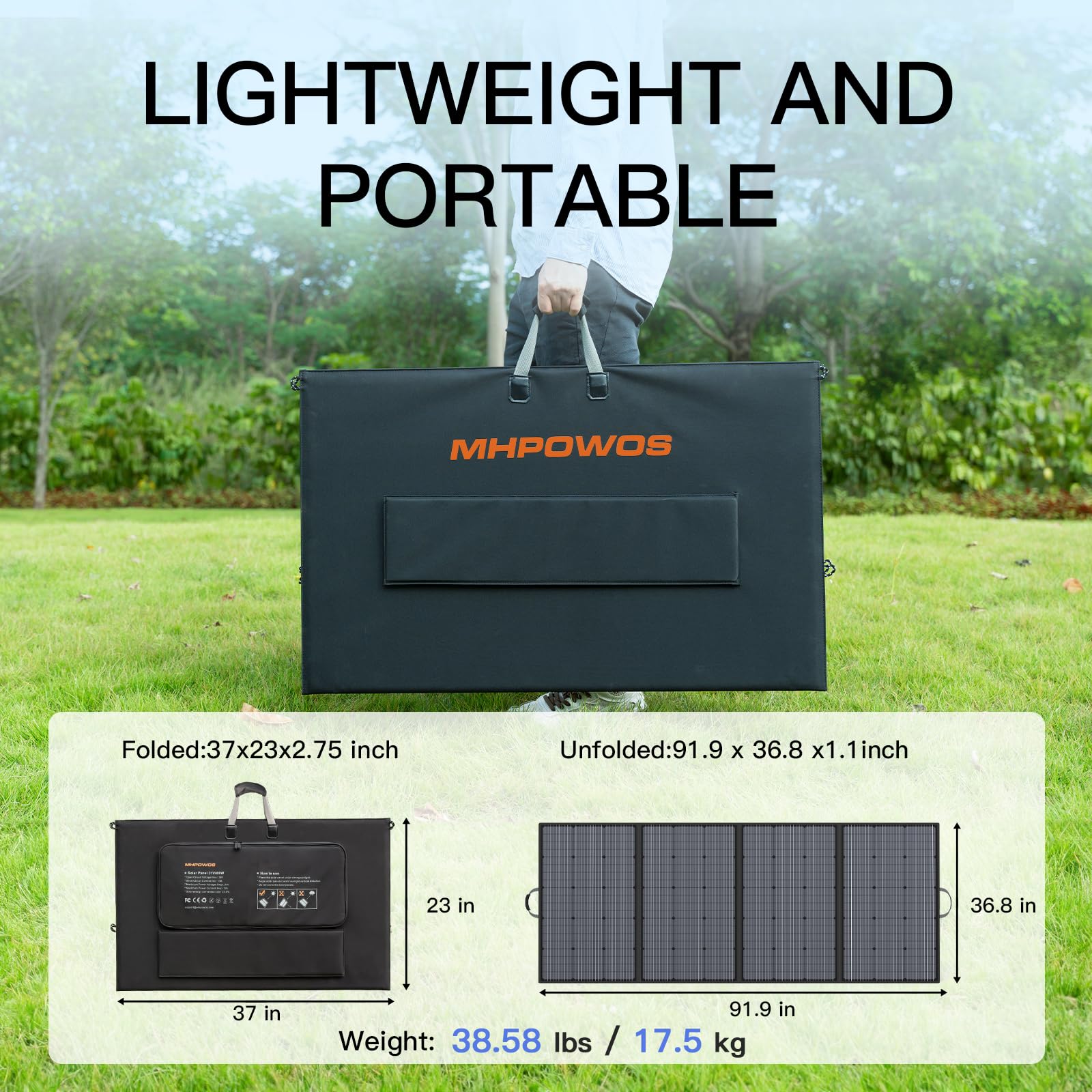 MHPOWOS panel charging a power station at a campsite illustrating outdoor use