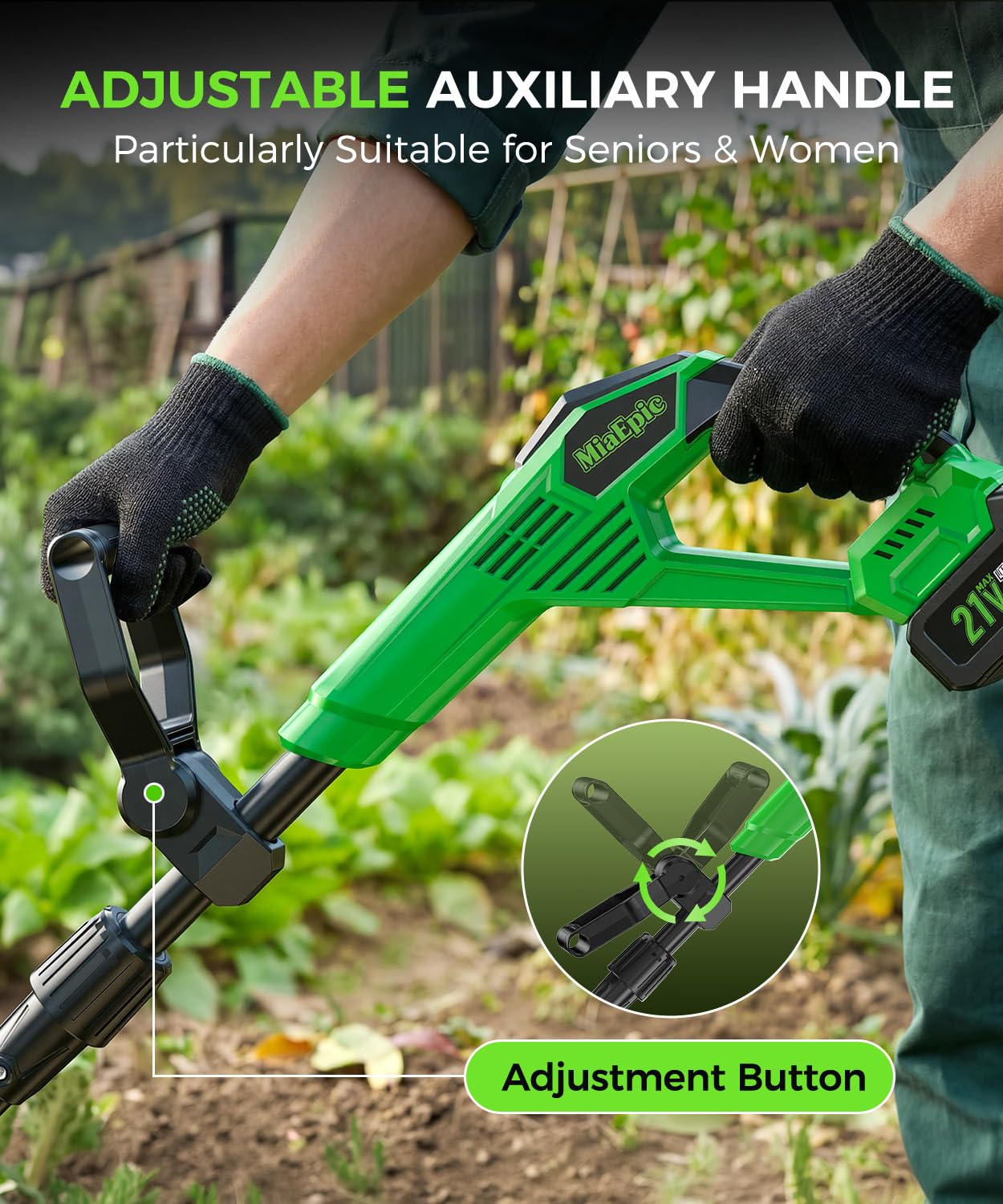 MiaEpic tiller in use breaking soil in a vegetable bed for faster planting prep