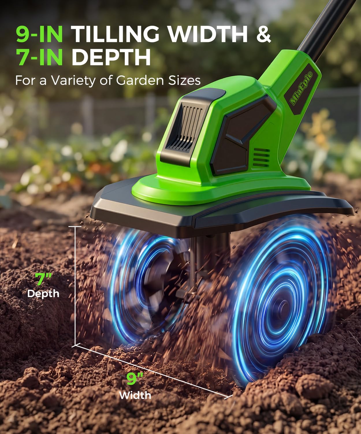 MiaEpic close-up of 48 steel tines showing durable construction and efficient soil turnover