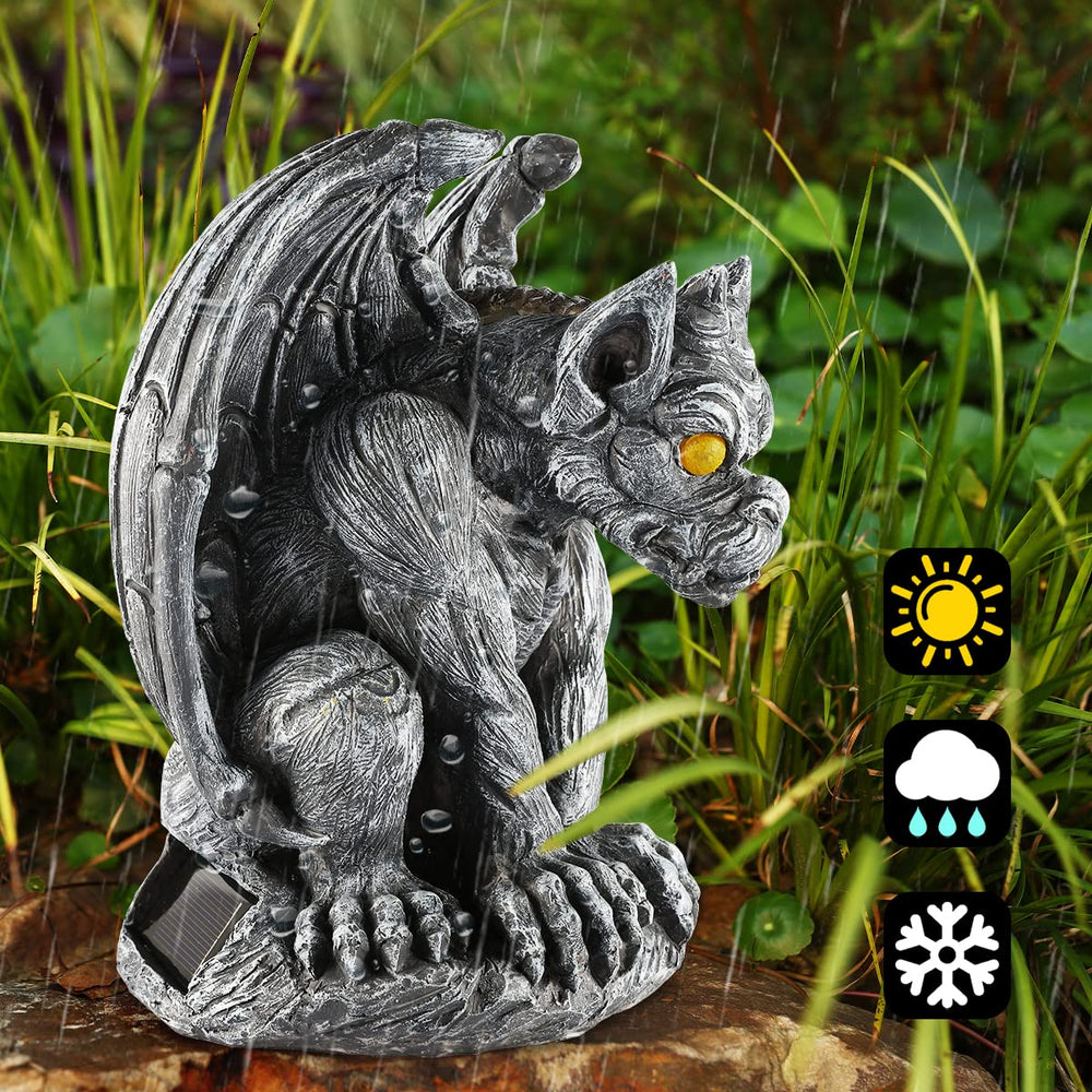 MIBUNG gargoyle in flowerbed providing whimsical garden accent and protection