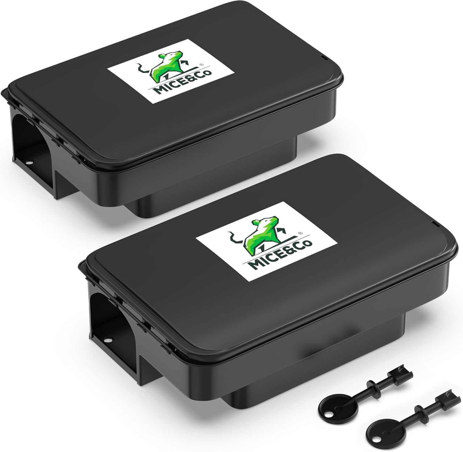 Mice&Co front view of closed bait station showing secure exterior and discreet placement benefit