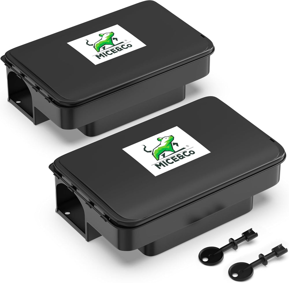 Mice&Co front view of closed bait station showing secure exterior and discreet placement benefit
