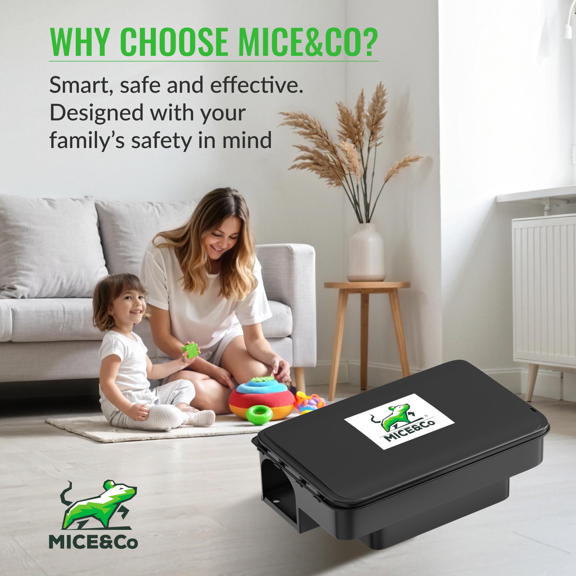 Mice&Co two-pack displayed with keys and warning stickers for ready-to-use convenience benefit