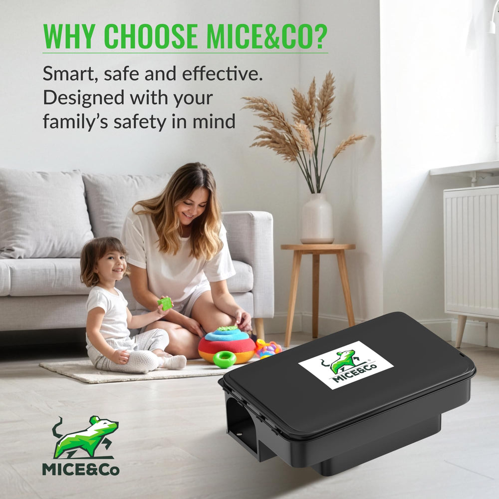 Mice&Co two-pack displayed with keys and warning stickers for ready-to-use convenience benefit