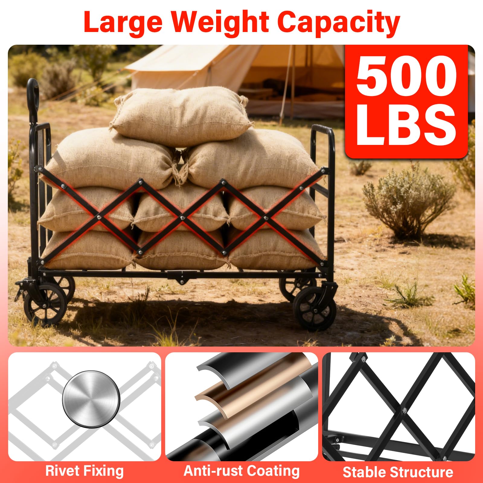 micieitie wagon next to an adult to show scale and heavy-duty 500 lb capacity