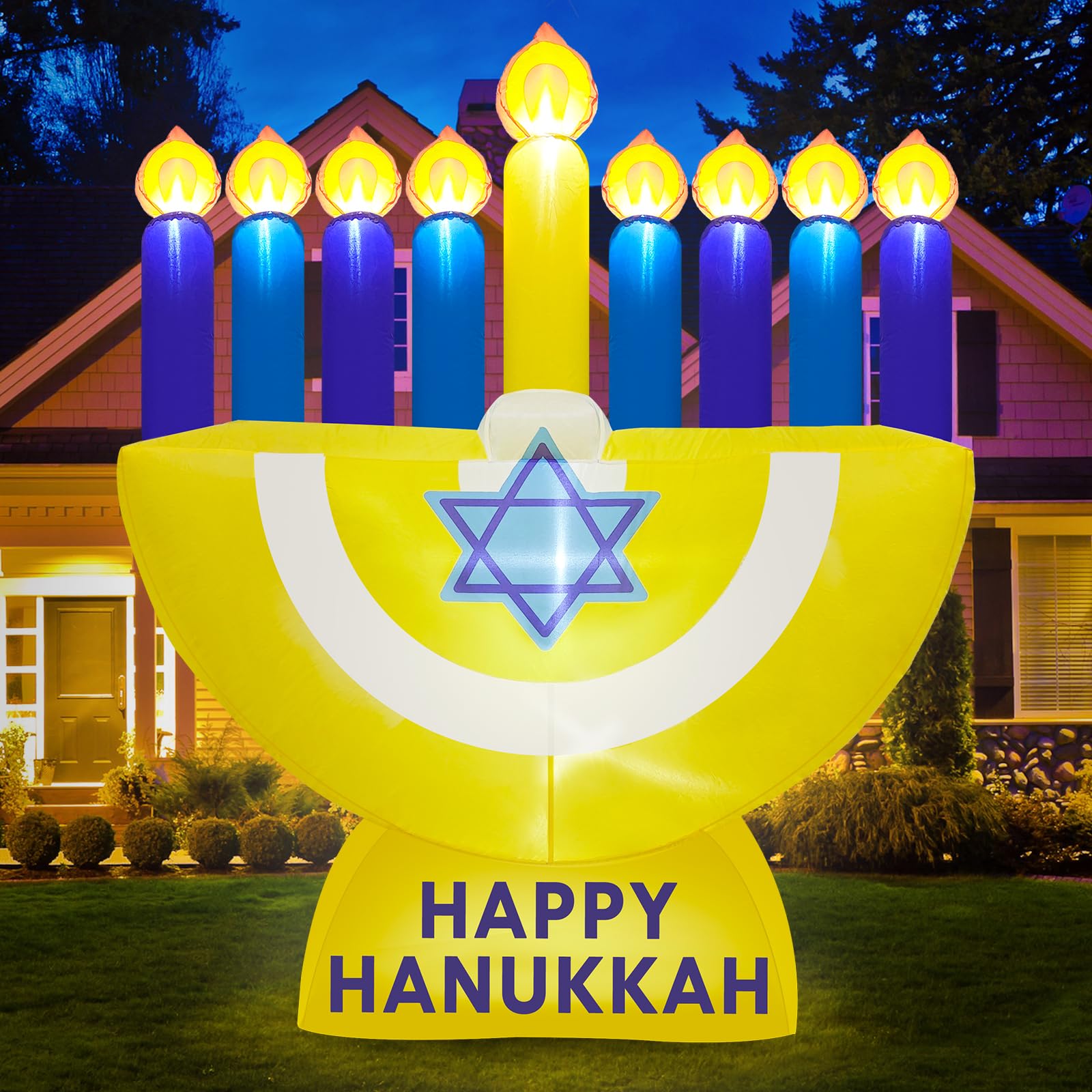 MICOCAH inflatable menorah front view showing full 6ft height and festive glow
