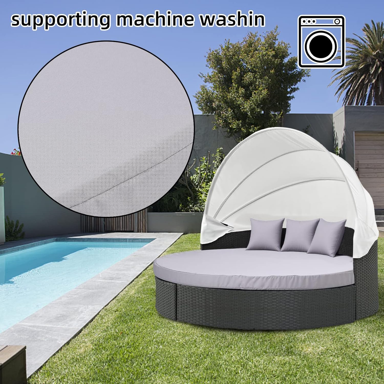 MICTONY cover on round cushion in outdoor setting for refreshed look