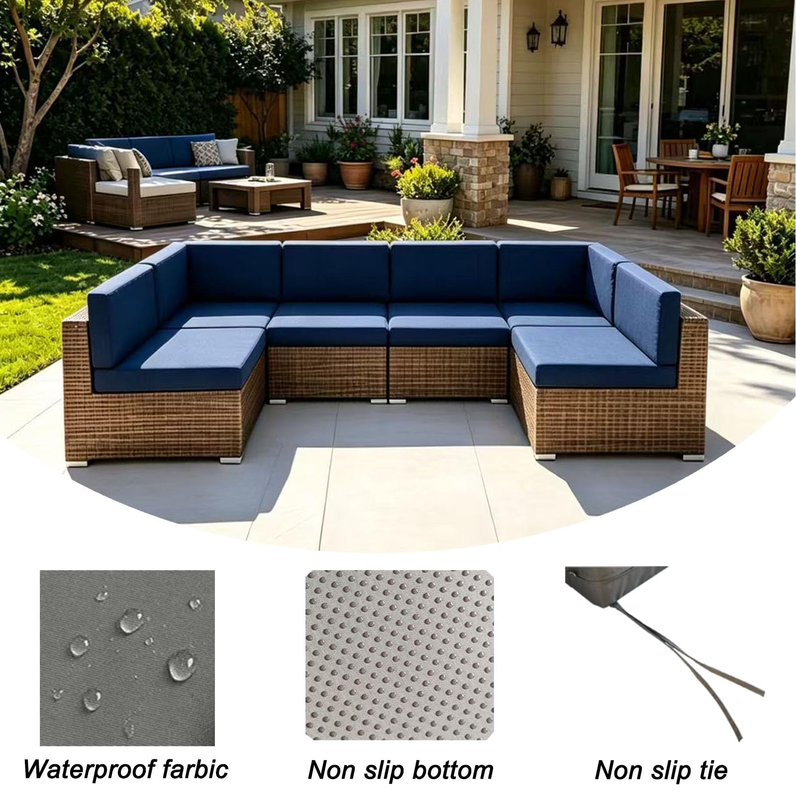 MICUSHION navy blue cushion covers arranged on outdoor sofa benefit: refreshed patio look and weather resistance