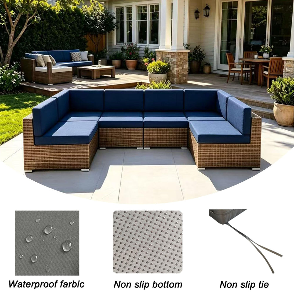MICUSHION navy blue cushion covers arranged on outdoor sofa benefit: refreshed patio look and weather resistance
