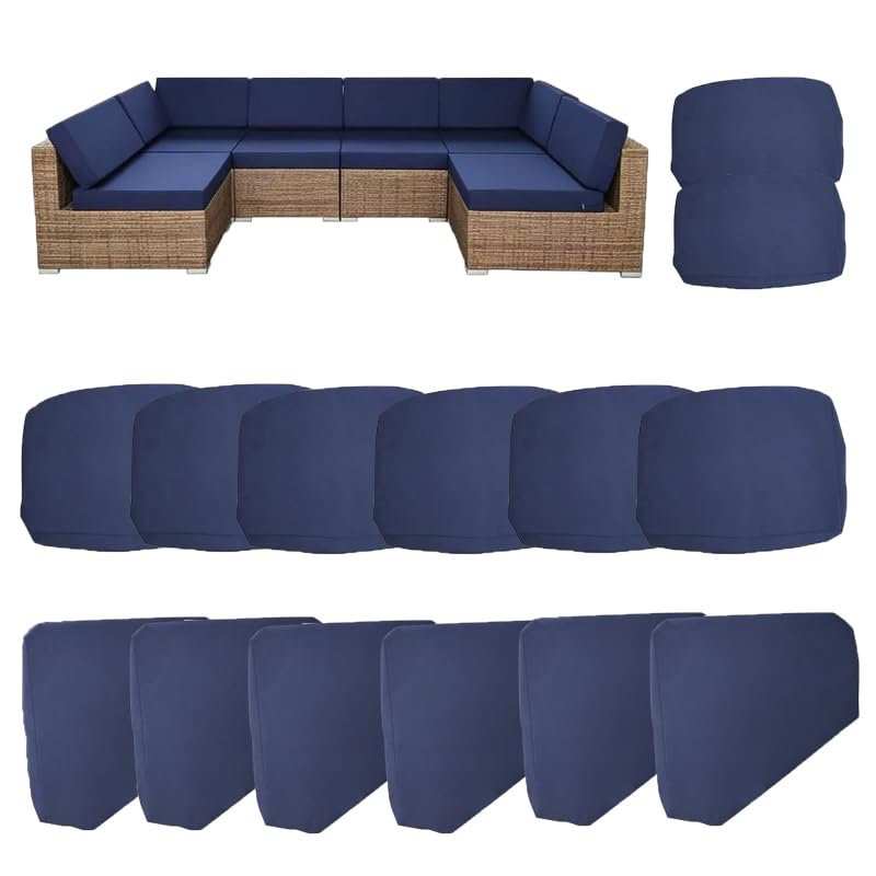 MICUSHION front view of navy blue 14-piece cushion cover set showing neat folded covers and packaging benefit: coordinated replacement covers