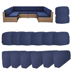 MICUSHION front view of navy blue 14-piece cushion cover set showing neat folded covers and packaging benefit: coordinated replacement covers